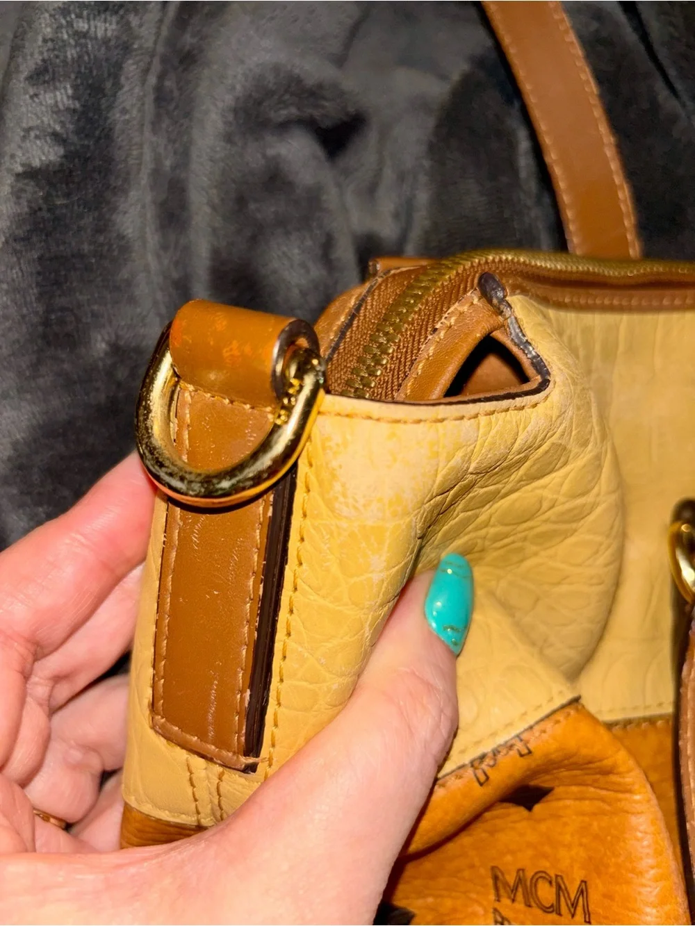 MCM Two-Tone Cognac/Light Yellow Embossed Leather 2-way Tote Y2K